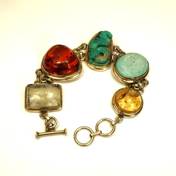 MULTI GEM HEAVY LINK BRACELET WITH TURQUOISE SNAKE, Very rare to find - Picture 11 of 11